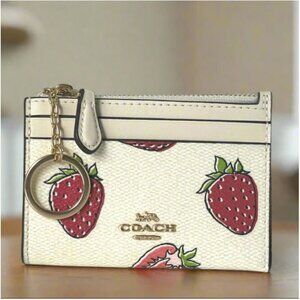 Coach Mini Skinny ID Wallet CAR17 Strawberry Print White Red Leather Keyring